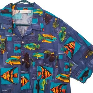 Gottex Button Up Shirt Mens XL Blue Tropical Fish Script Print 100% Cotton